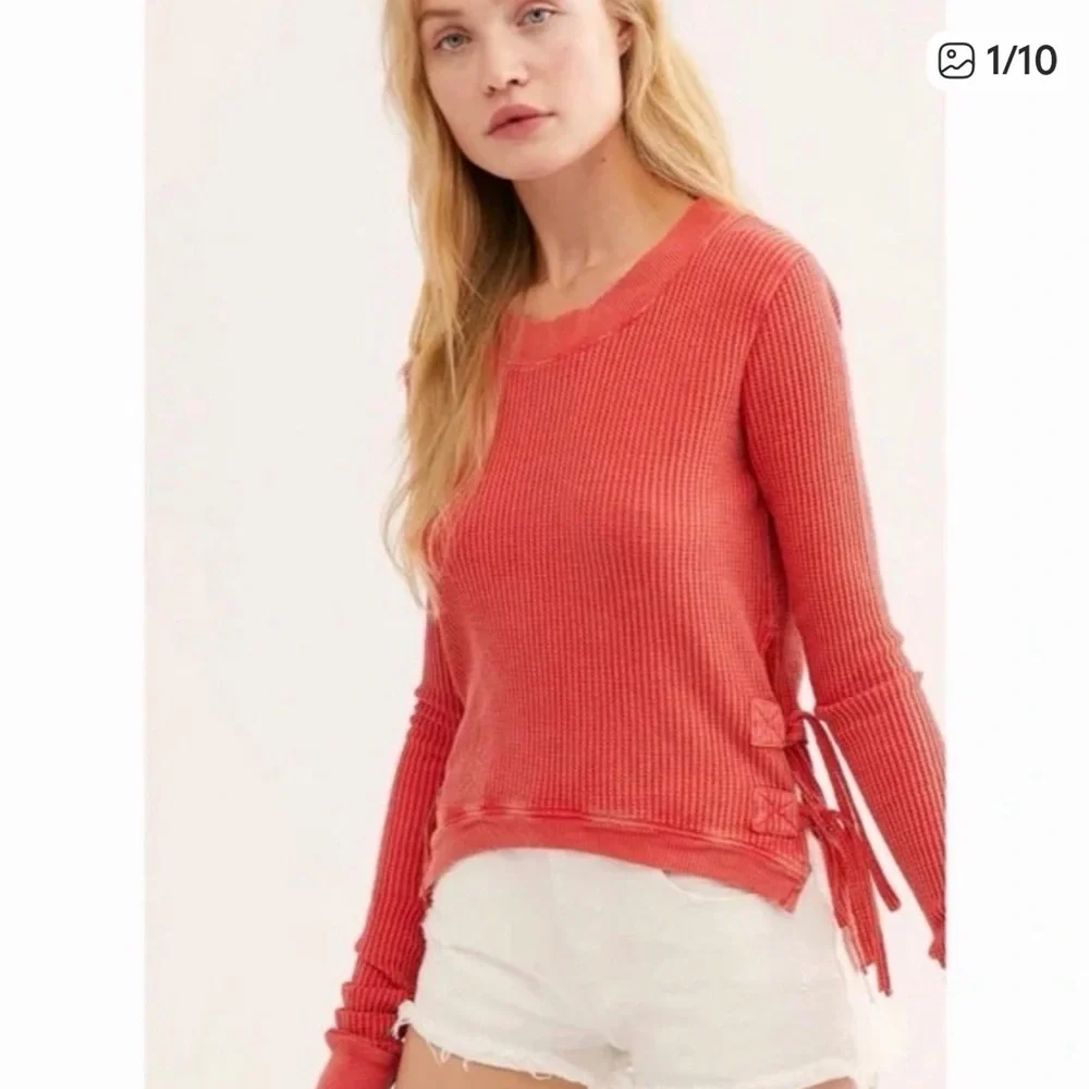 Free People Sweater Waffle-Knit Coral Side Ties XS